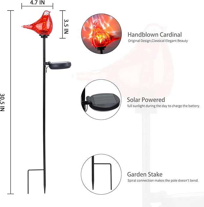 Bshine Solar Garden Decoration Outdoor Red Bird Lights, 2PCS Hand Blown Glass Waterproof Solar Light Stake Decorate Paths, Pathways, Lawns and Yards Art for Mom Bshine