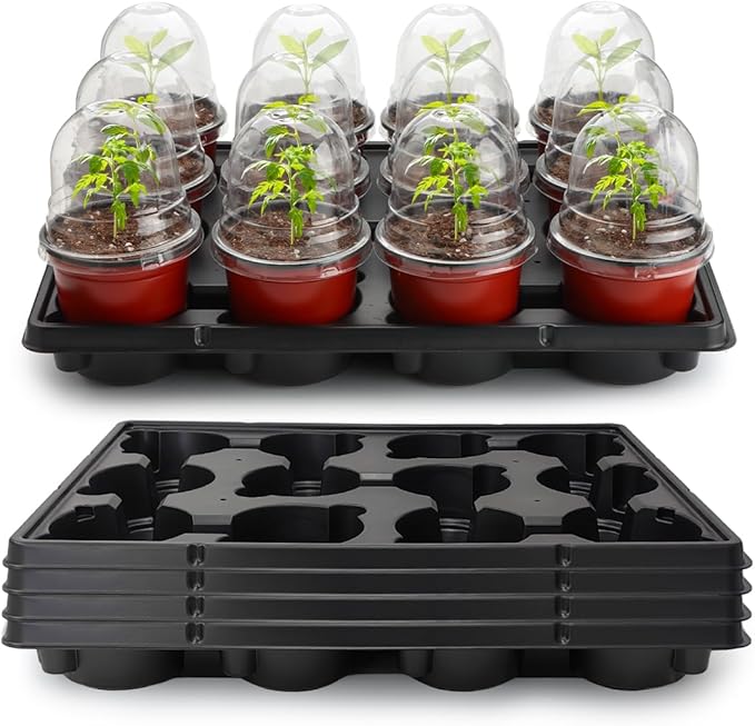 4 Inch 60 Pack Nursery Pots with Humidity Domes & 5 Pack 12 Cell Round Seedling Pot Carrying Trays, Sturdy Seeds Starter Pot Germination Set, Small Planter Nursery Propagation 5 Sets RooTrimmer