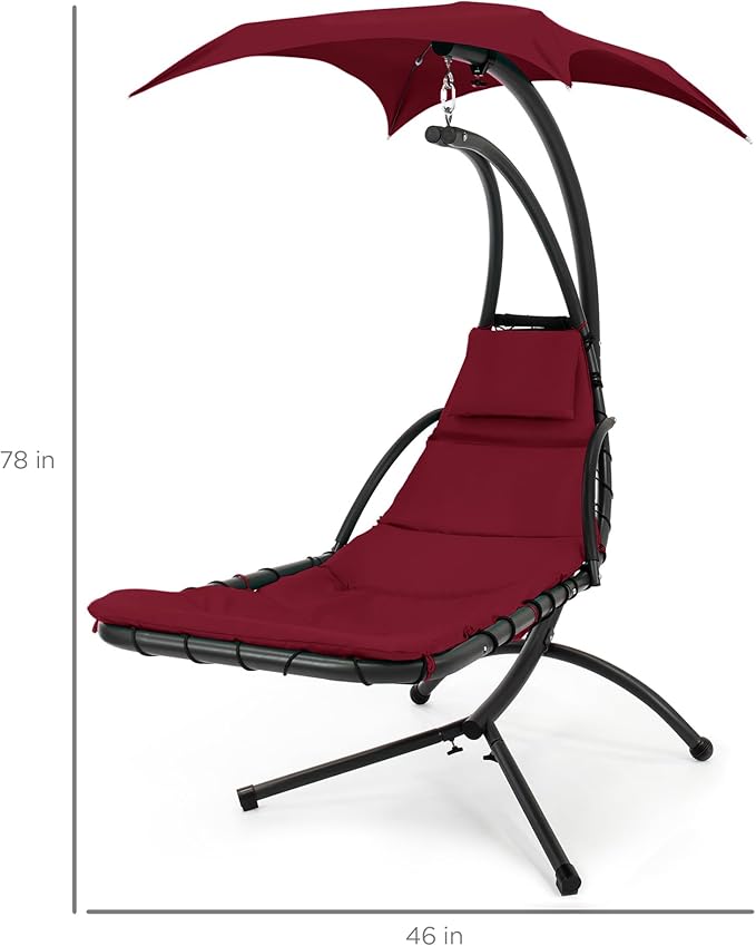Best Choice Products Outdoor Hanging Curved Steel Chaise Lounge Chair Swing w/Built-in Pillow and Removable Canopy - Burgundy BestChoiceProducts