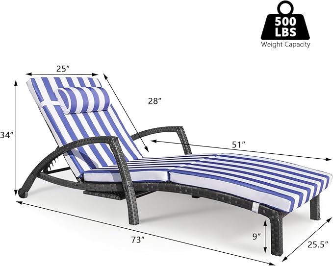Chaise Lounge Chairs Outdoor Set of 2, Comfy Outside Wicker Patio Pool Lounge Chair w/ 5 Adjustable Back Angle, Cup Holder, Thicken Cushion ZZWHOM