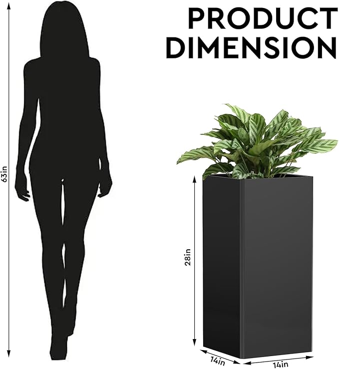 Tall Black Planter 28" Metal Square Large Plant Pots for Indoor Outdoor-Modern Tall Flower Pots for Porch, Patio, Deck, Commercial & Residential(14" Lx14 Wx 28" H) GradenHomeD%C3%A9corProducts