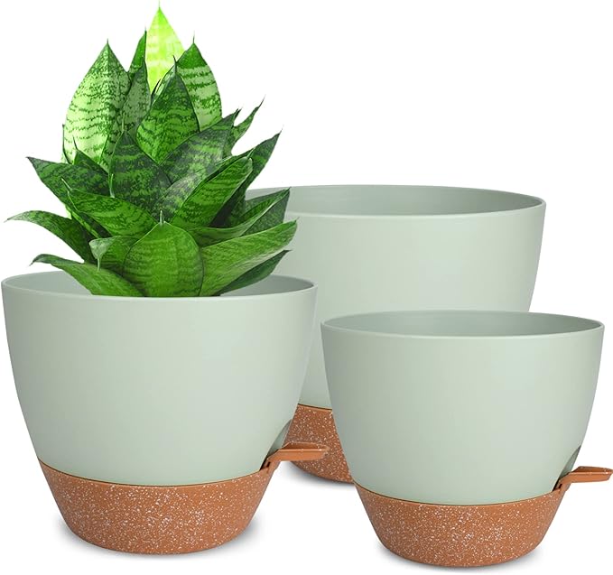 Planters for Indoor Plants, 10/9/8 Inch Self Watering Plant Pots with Drainage Hole, Plastic Planters Flower Pots for Indoor Outdoor Plants (Green) Vanslogreen