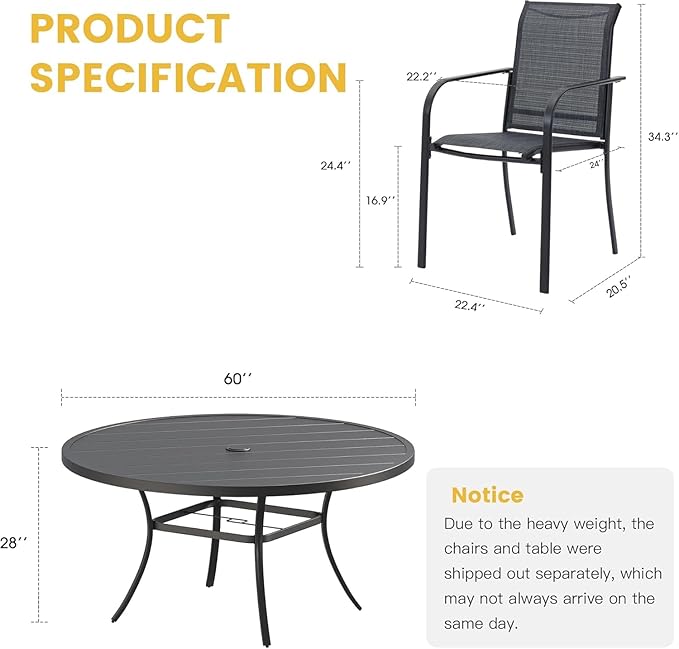 VICLLAX Large Patio Dining Furniture Set, Outdoor Dining Set for 10-60" Round Outdoor Table and Patio Stackable Chairs, Grey Tabletop and Dark Grey Fabric HOME