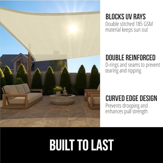 GORILLA GRIP Heavy Duty Sun Shade, UV Protection Fade Tear and Rust Resistant Rectangle Sunshade Canopy, Curved Edges Blocks Sunlight, Breathable Sail, Outdoor Patio, Lawn Garden 12x12 FT Butter Cream GorillaGrip