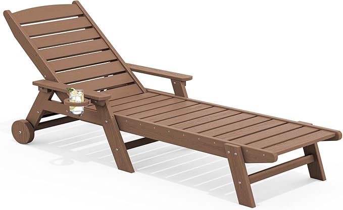 SERWALL Patio Chaise Lounge Chair, 78'' Long HDPE 5 Positions Adjustable Poly Lounge Chair with Rolling Wheels & Cup Holder for Pool, Brown SERWALL