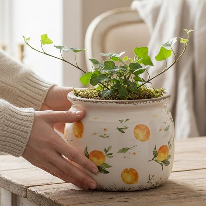 Lemon Summer Decor Plant Pot, 6 Inch Vintage Ceramic Planter with Drainage for Indoor Plants, Rustic Lemons Vase for Centerpieces, Mediterranean Kitchen Home Decor, Yellow Gifts for Gardening XiaanJiaju