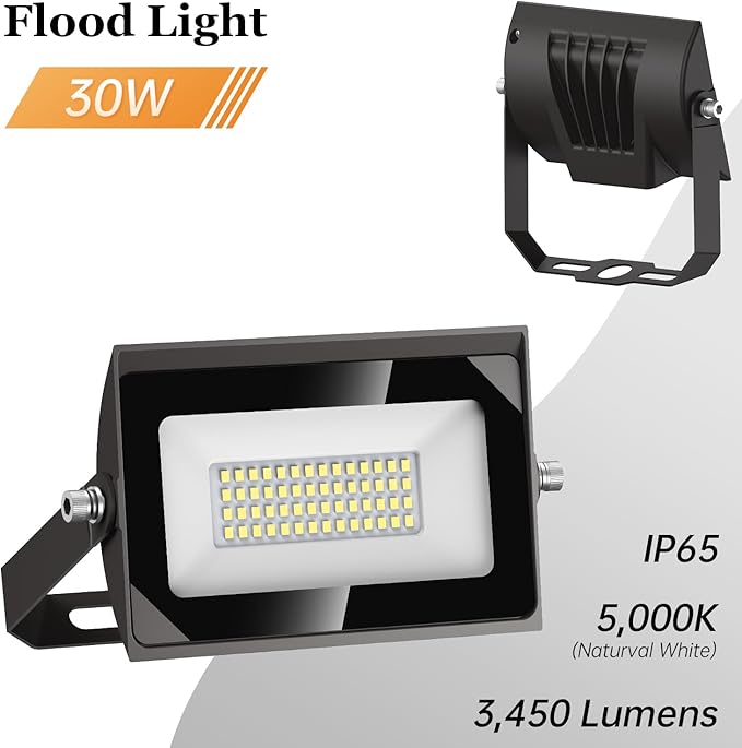 dephen 30W LED Flood Lights Outdoor with Bracket Mount, 3450Lumen 120V Security Lighting, 5000K IP65 Waterproof Wall Pack Floodlight for Garden Yard Patio Porch (UL-Listed) dephen