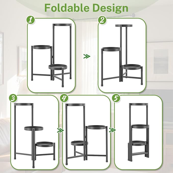 iDavosic.ly Plant Stand Indoor Outdoor, 3 Tier Corner Metal Flower Display Holder Shelf, Easy Assembly Folding Tall Orchid Rack for Patio Balcony Porch Garden Living Room House, Black iDavosicly