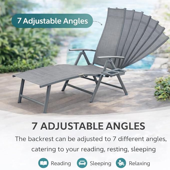 Kozyard Aluminum Outdoor Chaise Lounge Chair, Adjustable Reclining Patio Lounge with Drink Holder, Weather-Resistant Pool, Deck & Yard Recliner,Assemble-Free (Gray, 2Chairs) Kozyard