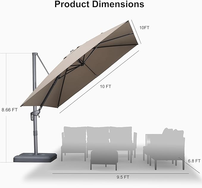 PURPLE LEAF Patio Umbrella 10' X 10' Rectangle Cantilever Umbrella Large Aluminum Outdoor Umbrellas with 360-degree Rotation & UPF40+ Premium Fabric for Deck Pool Garden Yard, Ash Mocha Rootora