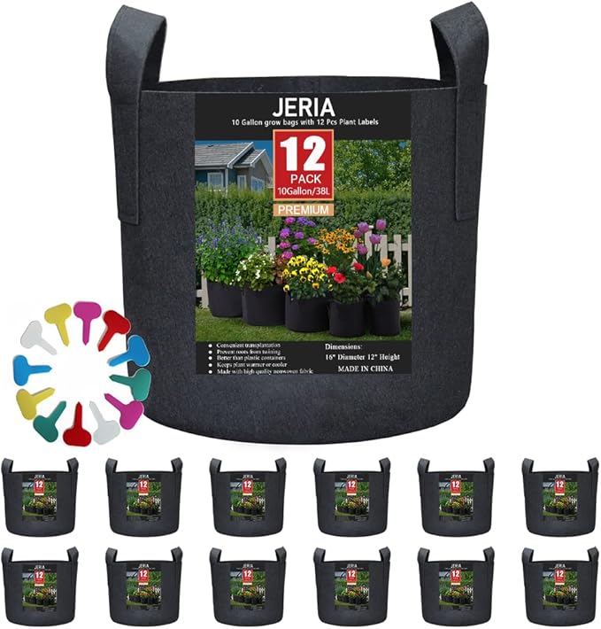 JERIA 12-Pack 10 Gallon Grow Bags, 300G Thickened Nonwoven Garden Pots,Heavy Duty Fabric Pots with Reinforced Handles JERIA