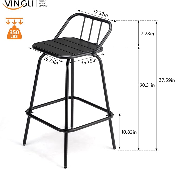 VINGLI 2 PCS Outdoor Swivel Bar Stools, 30 Inch Metal Barstools with Backrest & Footrest, 360° Rotating All-Weather Stools for Garden, Balcony, Kitchen Island (Black) VINGLI