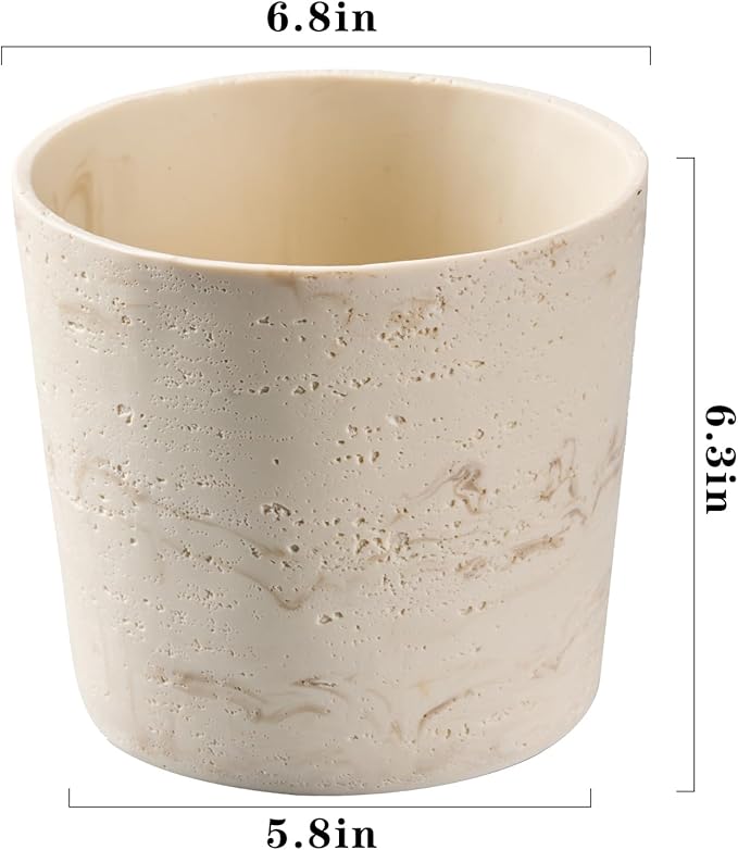 Ekirlin 7 Inch Natural Travertine Textures Plant Pot, Resin Outdoor Planter with Drainage Hole, Removable Rubber Stopper and Non-Slip Soft Pad,Weatherproof Decorative Pot for Indoor/Garden Plants Ekirlin