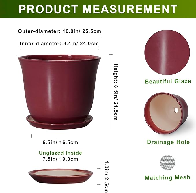Ceramic Plant Pots - 10 Inch Plant Pot with Drainage Hole and Saucer, Round Planter for Indoor Outdoor, Modern Decorative Large Flower Pots, Home Room Garden Decor, Plants Lovers Gifts, Red SUNPOTFOR
