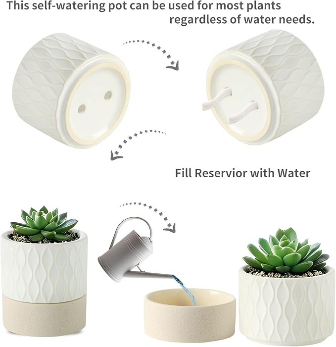 Nihow Self Watering Plant Pot: 4.5 Inch Ceramic Planter with Drainage Hole & Water Storage Plus for Indoor & Outdoor Plants - Cylinder Flower Pot for Herbs/Violets - Cream White & Brown Net Nihow