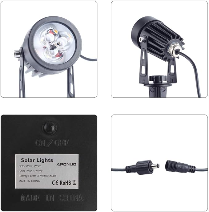 APONUO Metal Solar Spot Lights Outdoor with 9.8ft Cable Solar Powered Landscape Lighting Low Voltage IP65 Waterproof Auto On/Off for Outside Garden Yard Landscape Pathway Garage-Warm White(4-in-1) APONUO