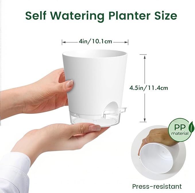 4 inch Self Watering Pots for Indoor Plants, 5 Pack Small Flower Plant Pots with Drainage Holes and Clear Reservoirs, Visible Water Level, Plastic Planters with Wicking Rope, White Meowell