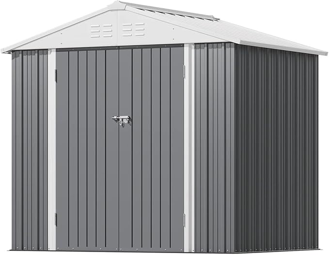 Greesum 8×6FT Outdoor Storage Shed, Metal Patio Storaged Sheds with Lockable Doors, Sheds & Outdoor Storage for Bike, Backyard, Pool and Garden, Gray BuynowfromGreesum