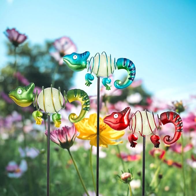 3 Pack Garden Stakes Decorative,Cute Chameleons Glow in The Dark Metal Garden Decor,Waterproof Metal Yard Art Decor for Outside,Funny Present for Mom Women Grandma SATHGA