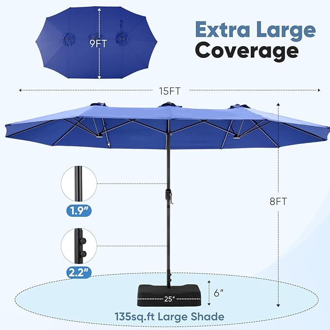 DUMOS 15FT Large Patio Umbrella with Base Included, Heavy Duty Extra Wide Outside Umbrella with 12 Ribbed Bars, Rectangle Outdoor Table Umbrella for Patio, Backyard, Pool, Deck & Garden, Blue DumosLifestyle