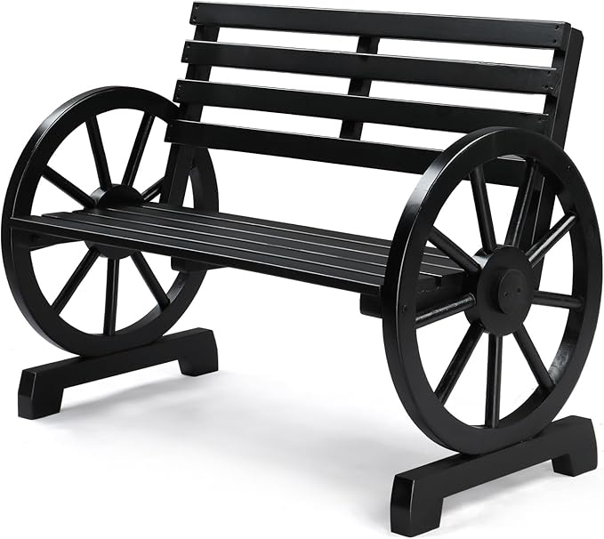 VINGLI Rustic Wooden Wheel Bench Outdoor Bench, Patio Bench Wagon Slatted Seat, Garden Benches for Outdoors 350lbs High Capacity, Weather Resistance (Black, 41in) VINGLI