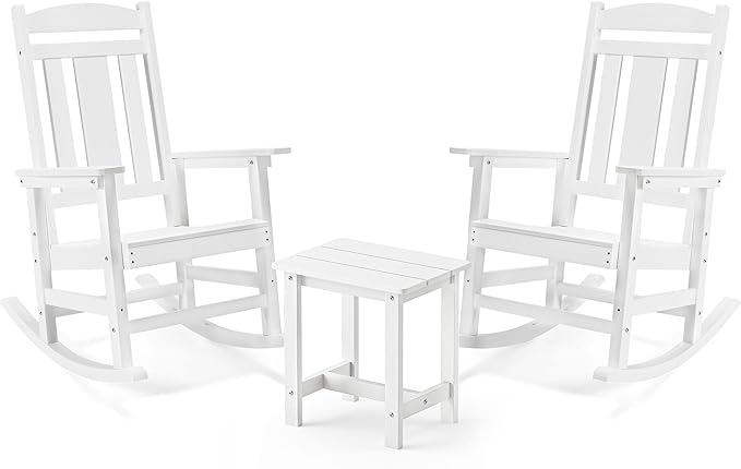 LUE BONA Outdoor Rocking Chairs Set, 3-Piece, HDPS Poly Porch Rockers with Table, Plastic Weather Resistant Rocking Chair Set for Outdoor Indoor, Garden, Backyard, 350lb,White Chairs+Table LUEBONA