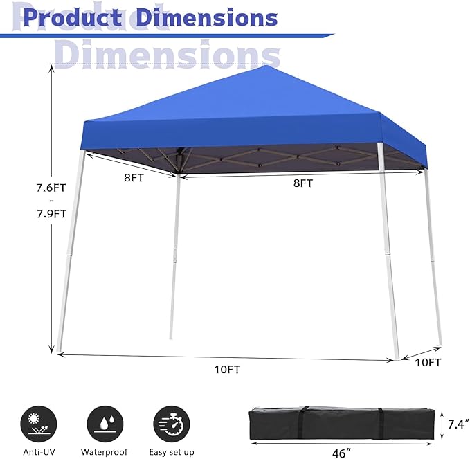 Canopy Tent, 10X10 FT Pop Up Canopy Outdoor Instant Tent Slant Legs with Carrying Bag, Portable Gazebo Shelter for Patio Deck Garden and Beach - 8X8 FT Canopy Cover, Blue Oneofics
