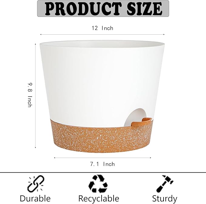 12+12Inch 2Pack Large Flower Pots for Indoor/Outdoor Plants,Self Watering Planters with Reservoir and Drainage Hole White Plastic Planting Pots Modern Home Decor Gift Idea SESUN-E