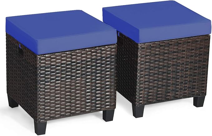 Tangkula 2 Pieces Outdoor Patio Ottoman, All Weather Rattan Wicker Ottoman Seat, Patio Rattan Furniture, Outdoor Footstool Footrest Seat w/Removable Cushions TANGKULA