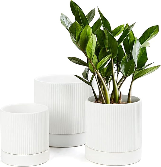 LaDoVita 3 Pack Ceramic Plant Pots 6/5/4 inch, Flowerpot for Indoor Plants with Drainage Holes and Tray, Outdoor Garden Planters, Modern Decorative for Home, White Vertical Stripes LaDoVita