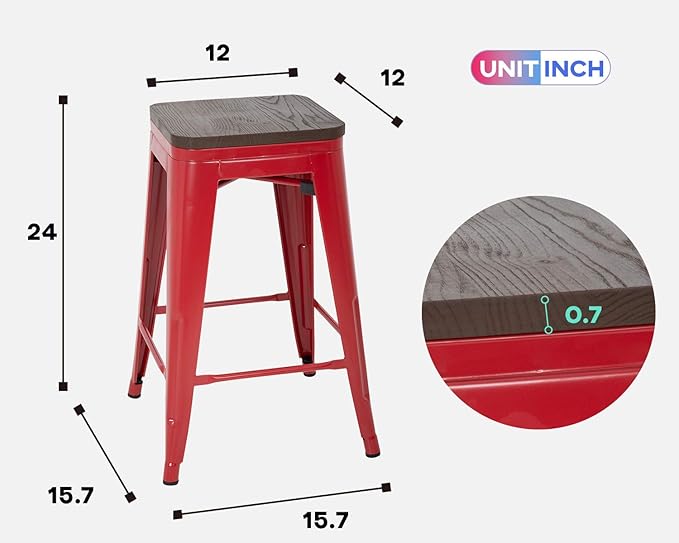 FDW Metal Bar Stools Counter Height Barstool Stackable Barstools Indoor Outdoor Patio Bar Stool Home Kitchen Dining Stool Backless Bar Chair (Red with Wood, 24") FDW