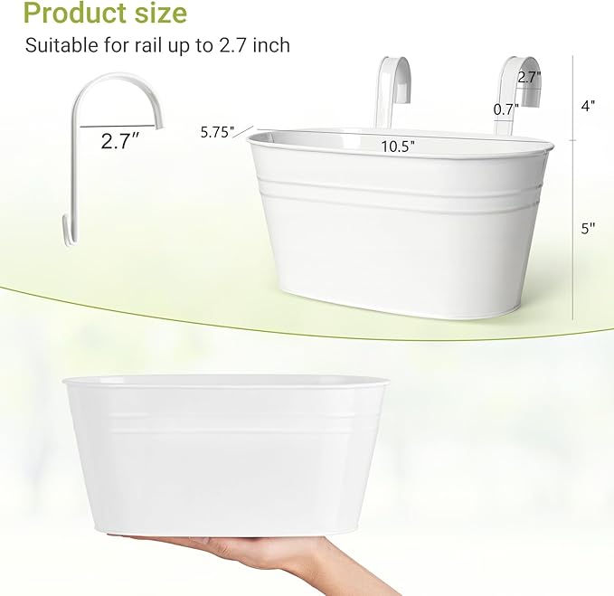 Dahey 10.5 Inch Metal Iron Hanging Flower Pots for Railing Fence Hanging Bucket Pots Countryside Style Window Flower Plant Holder with Detachable Hooks Home Decor,White,5 Pcs Dahey