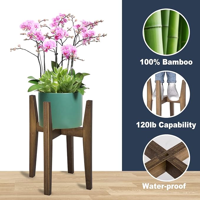 OERGKE Adjustable Plant Stand, Bamboo Mid Century Modern Indoor Plants Stands, Corner Flower Holder for Living Room, Fits 8 to 12 Inches Pots, (Pot & Plant Not Included)(Walnut, 1 Pack) OERGKE
