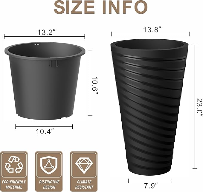 Kante 23 Inch Tall Planter Set of 2, Round Spiral Textured Flower Pots, Decorative Plant Pots for Outdoor Indoor Garden Patio Front Porch (Black) Kante