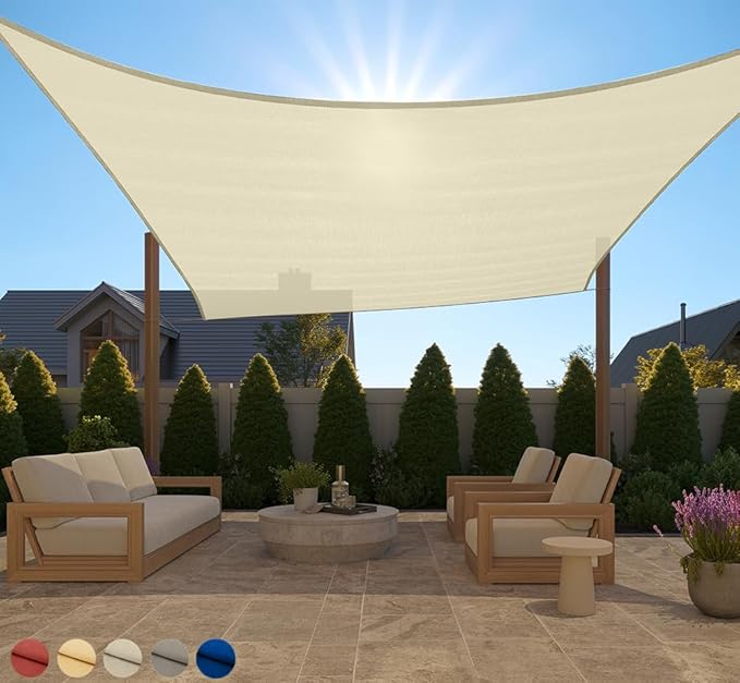 GORILLA GRIP Heavy Duty Sun Shade, UV Protection Fade Tear and Rust Resistant Rectangle Sunshade Canopy, Curved Edges Blocks Sunlight, Breathable Sail, Outdoor Patio, Lawn Garden 12x12 FT Butter Cream GorillaGrip