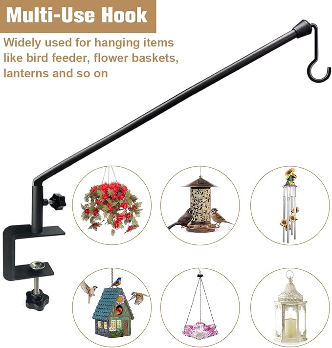 38 Inch Extended Reach Deck Hook Hanger for Railing, Heavy Duty Outdoor Plant Hook Holder for Hanging Bird Feeder Flower Basket Planter or Lanterns, 1 Pack Tuohours