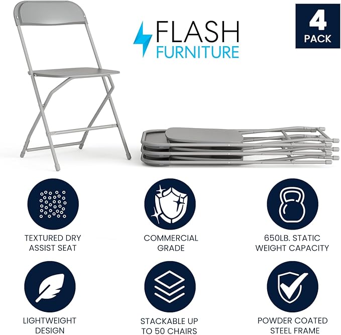 Flash Furniture Hercules Series Plastic Folding Chair - Grey - 4 Pack 650LB Weight Capacity Comfortable Event Chair-Lightweight Folding Chair FlashFurniture