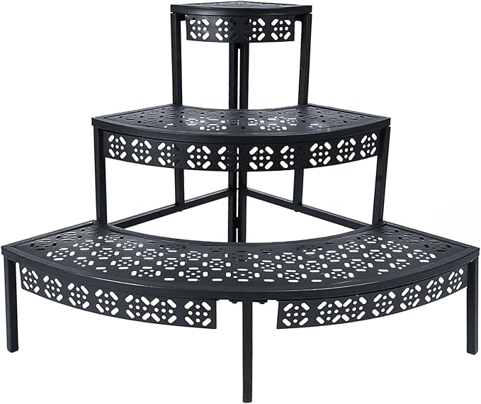 3 Tier Plant Stand Semi-Circular Flower Pot Organizer Rack Quarter Round Plant Display Holder Outdoor Storage Shelves Metal Corner Shelf Planter Shelving Ladder Plant Stand for Indoor Use(Black) Garden4you