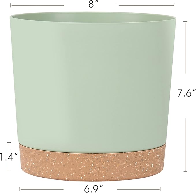 kubvici 8'' Plastic Flower Planter Pots Set of 2 Indoor Outdoor Planters with Drainage Saucer for Garden Home (Green & White, 8 inch) kubvici