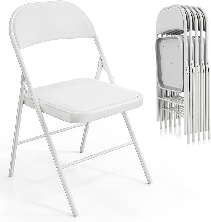 VINGLI 6 Pack Folding Chairs with Padded Seats, Metal Frame with Pu Leather Seat & Back, Capacity 350 lbs, White VINGLI