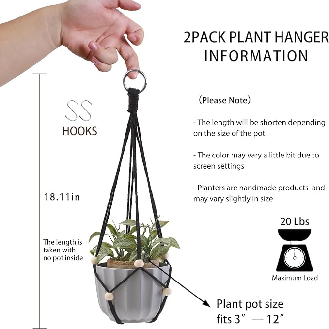 Artilady Black Hanging Planter for Indoor Plants Macrame Plant Hanger Large Hanging Plant Holder Basket with Adjustable Beads Outdoor Window Boho Plant Wall Decor (Black Bead-2pcs) Artilady