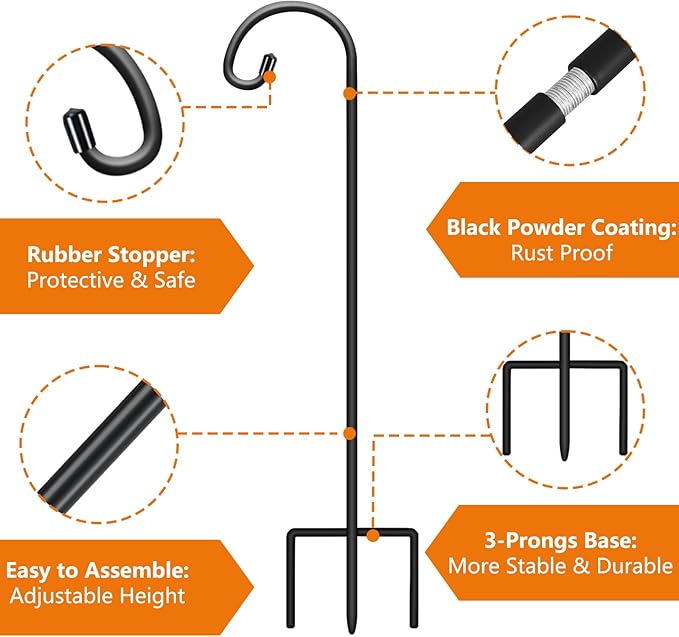 Gtongoko 8 Pack Shepherds Hooks for Outdoor 32 Inch Garden Hooks for Hanging Plants, Lanterns, Bird Feeders, Solar Lights, Mason Jars, Weddings Decor, Adjustable, Matte Black Gtongoko