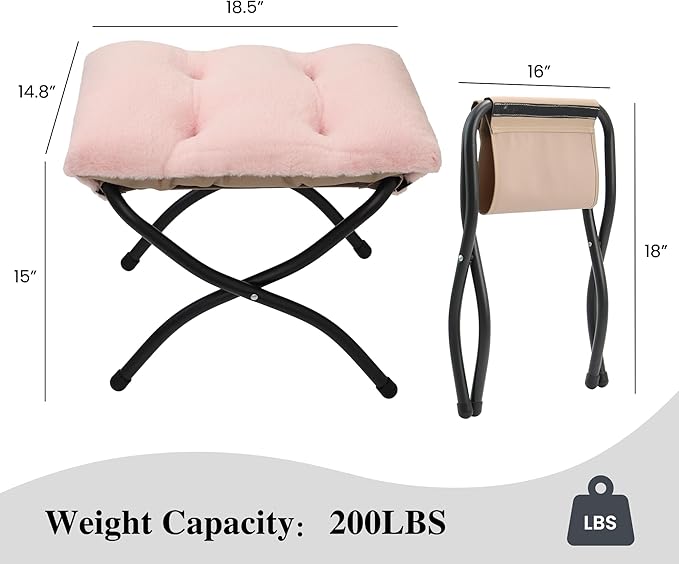15"(H) Folding Ottoman, Foldable Footrest Stool, Portable Small Foot Stool for Couch, Collapsible Foot Rest Ottoman for Sofa, Accent Padded Ottomans for Living Room, Bedroom, Pink MordchilHF