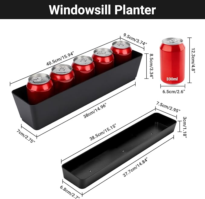GREANER Rectangle Window Boxes, 6PCS 16x3.8 Inch Black Herb Planters with RemovableTray and Drainage Hole, Succulent Flowers Plastic Pot for Balcony, Office, Windowsill, Garden, Outdoor Decoration Use GREANER
