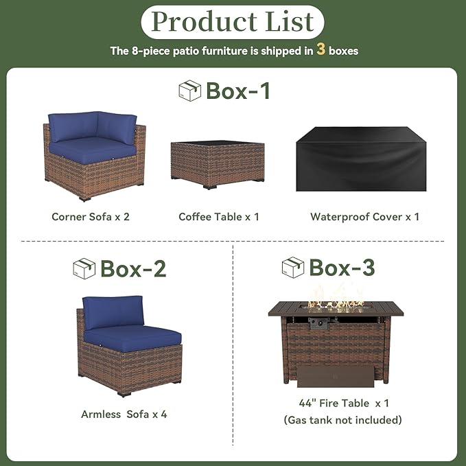 Aoxun 8-Piece Outdoor Patio Furniture Set - 44” Fire Pit Table, Durable Wicker Rattan Sectional Sofa with Coffee Table, Comfy Thickened Cushions, Blue (Waterproof Cover Included) Aoxun