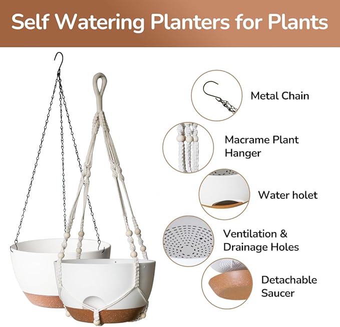 12 Inch Hanging Baskets for Plants Outdoor, Hanging Planters for Indoor Outdoor Plants, Hanging Planter with Self Watering, Hanging Flower Pots (White Planter with Macrame + Iron Hangers) LesOasis
