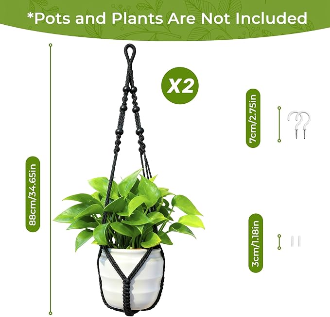Macrame Plant Hanger, Up to 4-15 inch Pots, Wood Beads Cotton Hanging Planter Holder for Indoor Outdoor Boho Home Decor, 35 Inch, Set of 2 (Black) Rootora