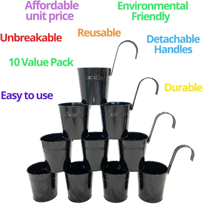 LaLaGreen Railing Planter 10 Pack, 6 Inch Hanging Flower Pot Black, Outdoor Large Metal Iron Fence Bucket, Balcony Garden Wall Deck Porch Patio Rail Decor Hanger Hook Farmhouse Balcony 6'''' (15cm) L%C3%A1L%C3%A1Green