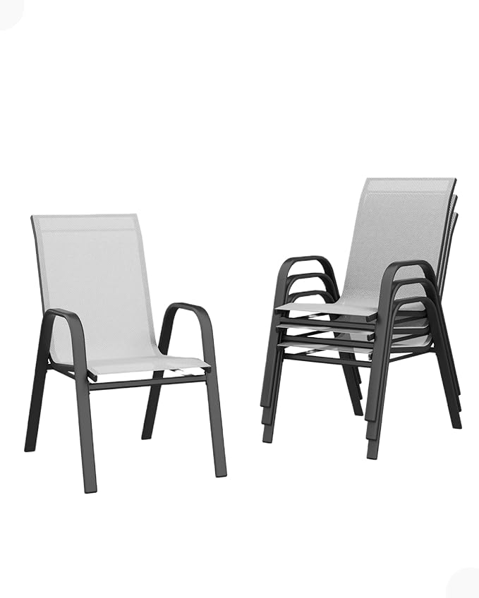 Outdoor Stackable Dining Chairs Set of 4, High-Back Patio Stacking Chairs, Patio Chairs with Textilene Farbic & Metal Frame for Lawn Backyard Deck Garden,Grey Rootora