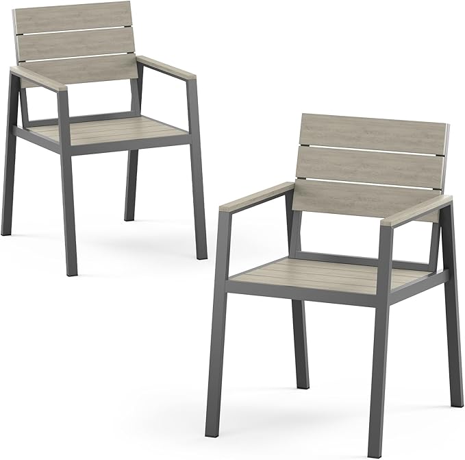 Outdoor Patio Dining Chairs Set of 2, Aluminum & HDPS All-Weather Dining Chiars for Deck, Lawn, Backyard, Pool (Classic Gray) ComfCove